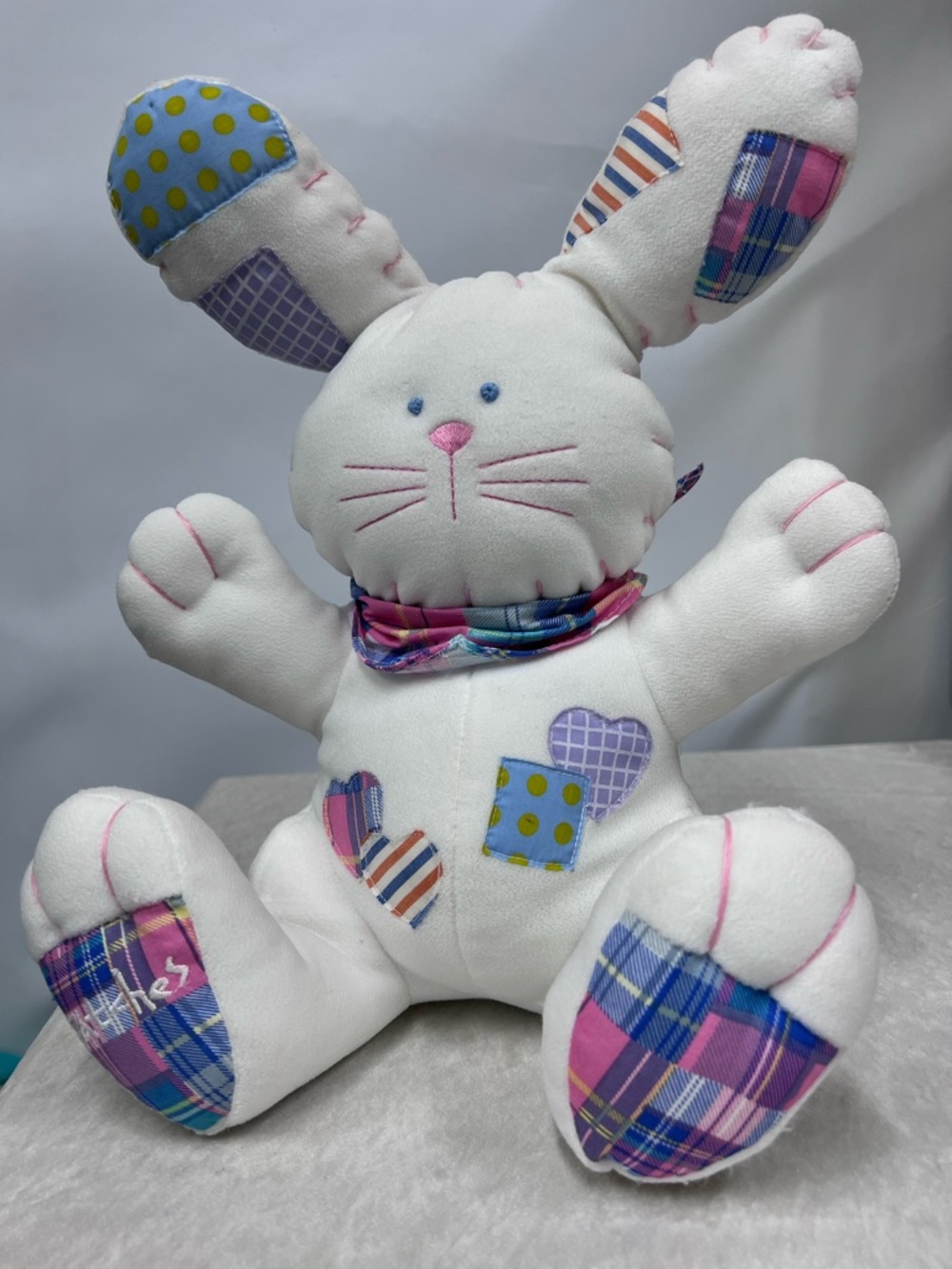 Vintage Plush Patchwork Bunny Soft Toy Patches Rabbit White w/Pink & Blue Accent